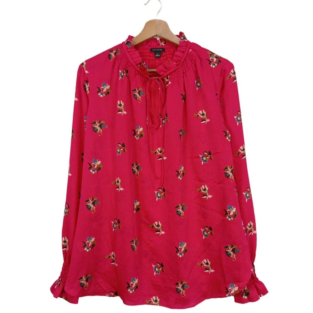 Ann Taylor Pink Floral Ruffle Neck Smocked Cuff Blouse Top Small